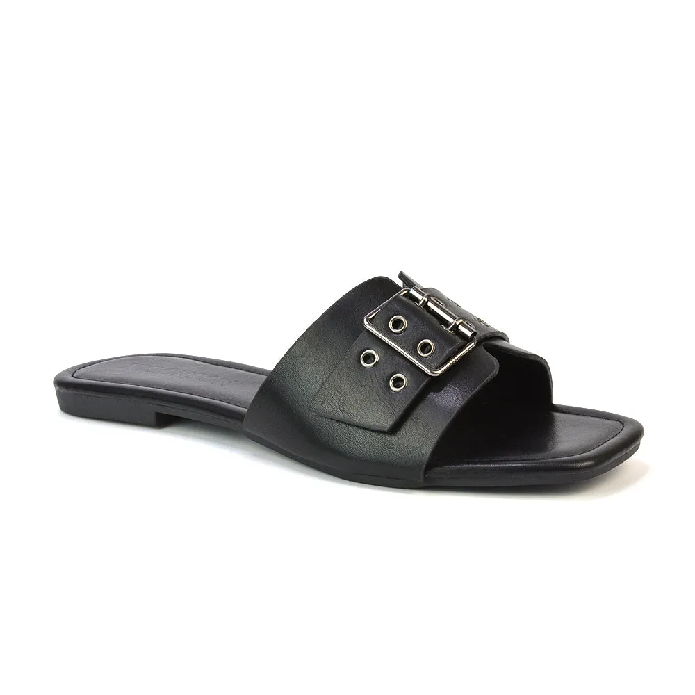Inez Square Toe Slip On Strappy Flat Sandals With Buckle in Silver